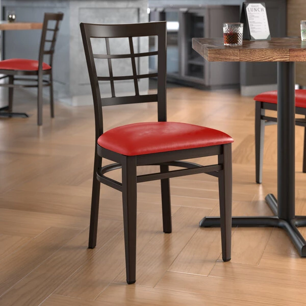 LT&S Spartan Series Lancaster Table & Seating Spartan Series Metal Window Back Chair With Walnut Wood Grain Finish And Red Vinyl Seat 1 LT&S Spartan Series Lancaster Table & Seating Spartan Series Metal Window Back Chair With Walnut Wood Grain Finish And Red Vinyl Seat