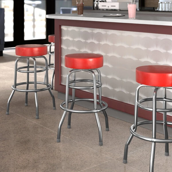 Lancaster Table & Seating Red Double Ring Barstool With 3 1/2" Thick Seat 1 Lancaster Table & Seating Red Double Ring Barstool With 3 1/2" Thick Seat