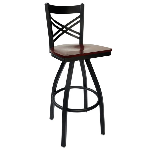 BFM Seating Akrin Metal Barstool With Mahogany Wood Swivel Seat 1 BFM Seating Akrin Metal Barstool With Mahogany Wood Swivel Seat
