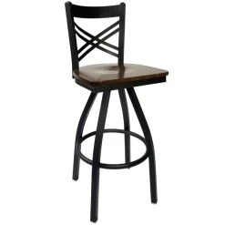 BFM Seating Akrin Metal Barstool With Walnut Wood Swivel Seat