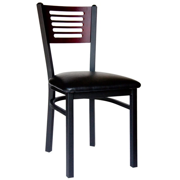 BFM Seating Espy Sand Black Metal Side Chair With Mahogany Wooden Back And 2" Black Vinyl Seat 1 BFM Seating Espy Sand Black Metal Side Chair With Mahogany Wooden Back And 2" Black Vinyl Seat