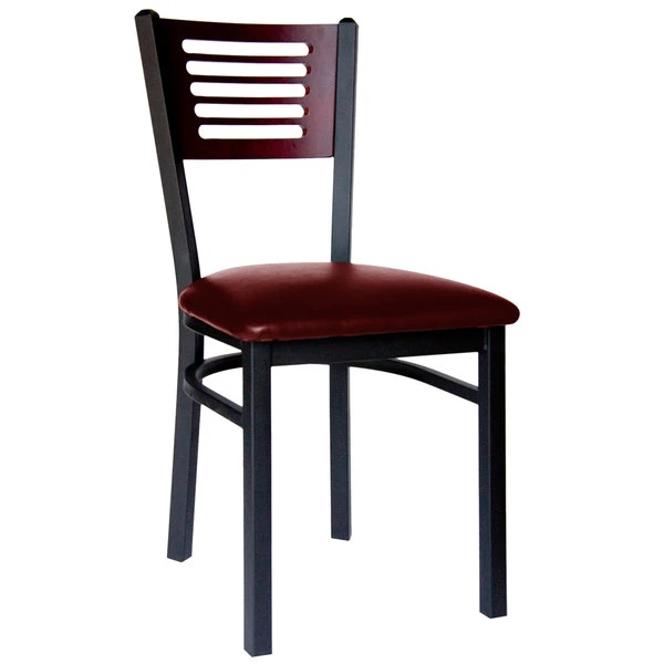 BFM Seating Espy Sand Black Metal Side Chair With Mahogany Wooden Back And 2" Burgundy Vinyl Seat 1 BFM Seating Espy Sand Black Metal Side Chair With Mahogany Wooden Back And 2" Burgundy Vinyl Seat