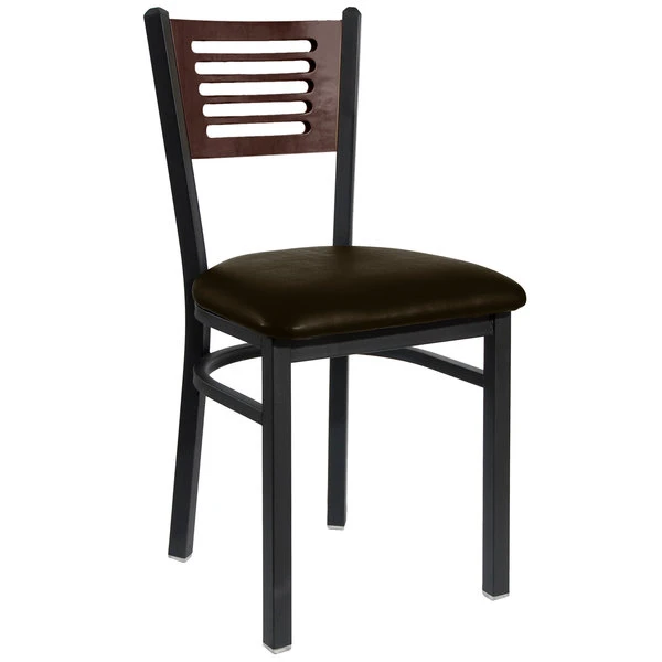 BFM Seating Espy Sand Black Metal Side Chair With Walnut Wooden Back And 2" Dark Brown Vinyl Seat 1 BFM Seating Espy Sand Black Metal Side Chair With Walnut Wooden Back And 2" Dark Brown Vinyl Seat