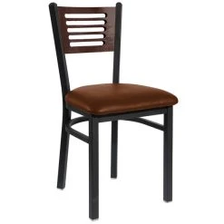 BFM Seating Espy Sand Black Metal Side Chair With Walnut Wooden Back And 2" Light Brown Vinyl Seat