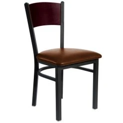 BFM Seating Dale Sand Black Metal Side Chair With Mahogany Finish Wooden Back And 2" Light Brown Vinyl Seat