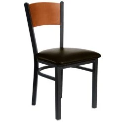 BFM Seating Dale Sand Black Metal Side Chair With Cherry Finish Wooden Back And 2" Dark Brown Vinyl Seat