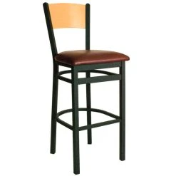 BFM Seating Dale Sand Black Metal Bar Height Chair With Natural Finish Wooden Back And 2" Burgundy Vinyl Seat
