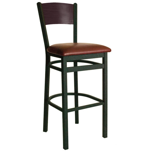 BFM Seating Dale Sand Black Metal Bar Height Chair With Mahogany Finish Wooden Back And 2" Burgundy Vinyl Seat 1 BFM Seating Dale Sand Black Metal Bar Height Chair With Mahogany Finish Wooden Back And 2" Burgundy Vinyl Seat