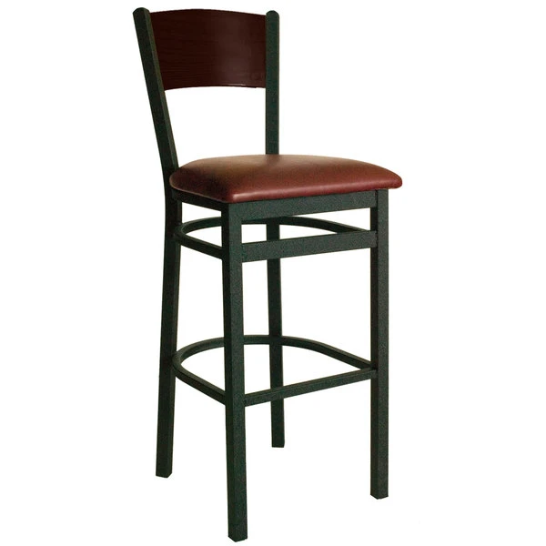 BFM Seating Dale Sand Black Metal Bar Height Chair With Walnut Finish Wooden Back And 2" Burgundy Vinyl Seat 1 BFM Seating Dale Sand Black Metal Bar Height Chair With Walnut Finish Wooden Back And 2" Burgundy Vinyl Seat