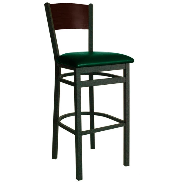BFM Seating Dale Sand Black Metal Bar Height Chair With Walnut Finish Wooden Back And 2" Green Vinyl Seat 1 BFM Seating Dale Sand Black Metal Bar Height Chair With Walnut Finish Wooden Back And 2" Green Vinyl Seat