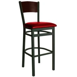 BFM Seating Dale Sand Black Metal Bar Height Chair With Walnut Finish Wooden Back And 2" Red Vinyl Seat