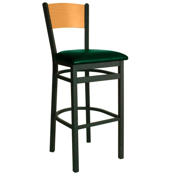 BFM Seating Dale Sand Black Metal Bar Height Chair With Natural Finish Wooden Back And 2" Green Vinyl Seat 1 BFM Seating Dale Sand Black Metal Bar Height Chair With Natural Finish Wooden Back And 2" Green Vinyl Seat