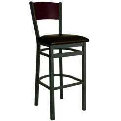 BFM Seating Dale Sand Black Metal Bar Height Chair With Mahogany Finish Wooden Back And 2" Dark Brown Vinyl Seat