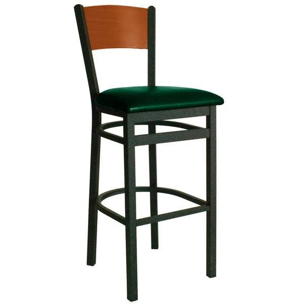 BFM Seating Dale Sand Black Metal Bar Height Chair With Cherry Finish Wooden Back And 2" Green Vinyl Seat 1 BFM Seating Dale Sand Black Metal Bar Height Chair With Cherry Finish Wooden Back And 2" Green Vinyl Seat