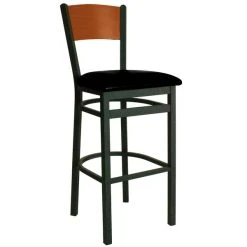 BFM Seating Dale Sand Black Metal Bar Height Chair With Cherry Finish Wooden Back And 2" Black Vinyl Seat