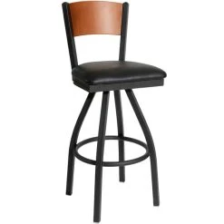BFM Seating Dale Sand Black Metal Swivel Bar Height Chair With Cherry Finish Wooden Back And 2" Black Vinyl Seat