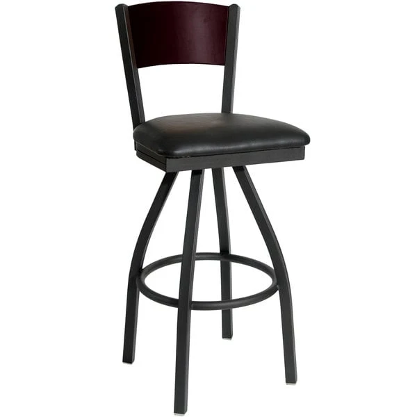 BFM Seating Dale Sand Black Metal Swivel Bar Height Chair With Mahogany Finish Wooden Back And 2" Black Vinyl Seat 1 BFM Seating Dale Sand Black Metal Swivel Bar Height Chair With Mahogany Finish Wooden Back And 2" Black Vinyl Seat