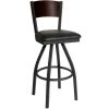 BFM Seating Dale Sand Black Metal Swivel Bar Height Chair With Walnut Finish Wooden Back And 2" Black Vinyl Seat