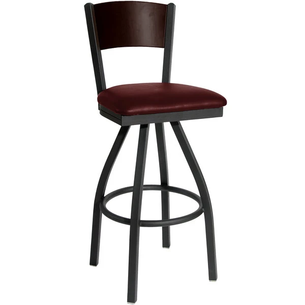 BFM Seating Dale Sand Black Metal Swivel Bar Height Chair With Walnut Finish Wooden Back And 2" Burgundy Vinyl Seat 1 BFM Seating Dale Sand Black Metal Swivel Bar Height Chair With Walnut Finish Wooden Back And 2" Burgundy Vinyl Seat