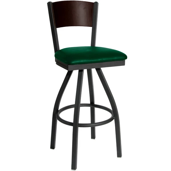 BFM Seating Dale Sand Black Metal Swivel Bar Height Chair With Walnut Finish Wooden Back And 2" Green Vinyl Seat 1 BFM Seating Dale Sand Black Metal Swivel Bar Height Chair With Walnut Finish Wooden Back And 2" Green Vinyl Seat