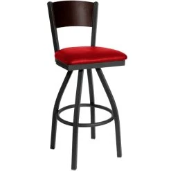 BFM Seating Dale Sand Black Metal Swivel Bar Height Chair With Walnut Finish Wooden Back And 2" Red Vinyl Seat