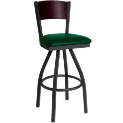 BFM Seating Dale Sand Black Metal Swivel Bar Height Chair With Mahogany Finish Wooden Back And 2" Green Vinyl Seat