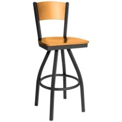 BFM Seating Dale Sand Black Metal Swivel Bar Height Chair With Natural Finish Wooden Back And Seat