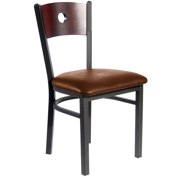 BFM Seating Darby Sand Black Metal Side Chair With Mahogany Wooden Back And 2" Light Brown Vinyl Seat 1 BFM Seating Darby Sand Black Metal Side Chair With Mahogany Wooden Back And 2" Light Brown Vinyl Seat