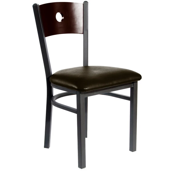 BFM Seating Darby Sand Black Metal Side Chair With Walnut Wooden Back And 2" Dark Brown Vinyl Seat 1 BFM Seating Darby Sand Black Metal Side Chair With Walnut Wooden Back And 2" Dark Brown Vinyl Seat
