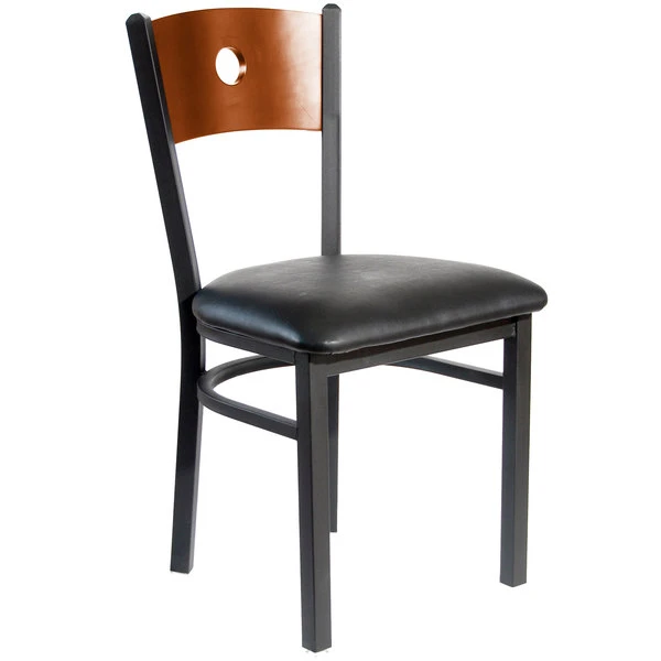 BFM Seating Darby Sand Black Metal Side Chair With Cherry Wooden Back And 2" Black Vinyl Seat 1 BFM Seating Darby Sand Black Metal Side Chair With Cherry Wooden Back And 2" Black Vinyl Seat