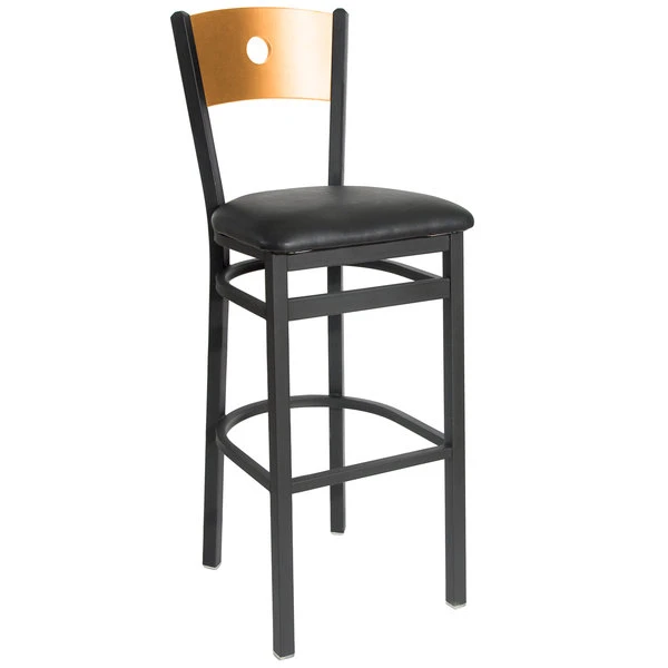 BFM Seating Darby Sand Black Metal Bar Height Chair With Natural Wooden Back And 2" Black Vinyl Seat 1 BFM Seating Darby Sand Black Metal Bar Height Chair With Natural Wooden Back And 2" Black Vinyl Seat