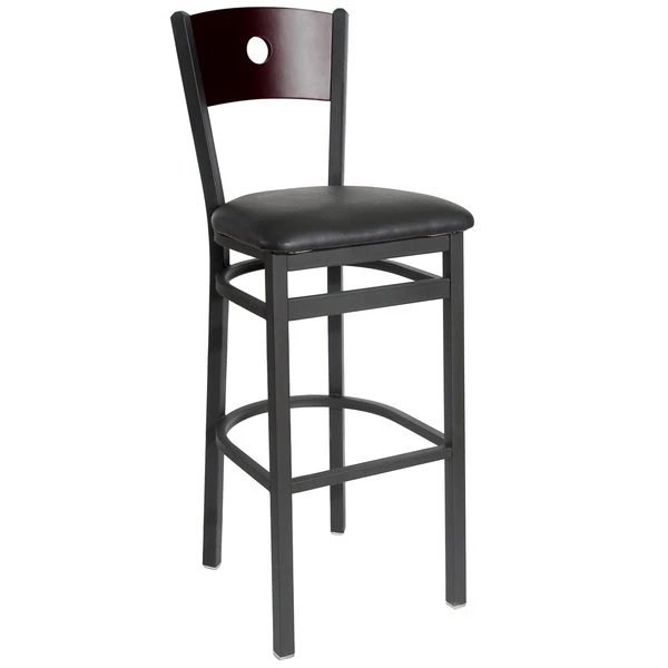 BFM Seating Darby Sand Black Metal Bar Height Chair With Mahogany Wooden Back And 2" Black Vinyl Seat 1 BFM Seating Darby Sand Black Metal Bar Height Chair With Mahogany Wooden Back And 2" Black Vinyl Seat