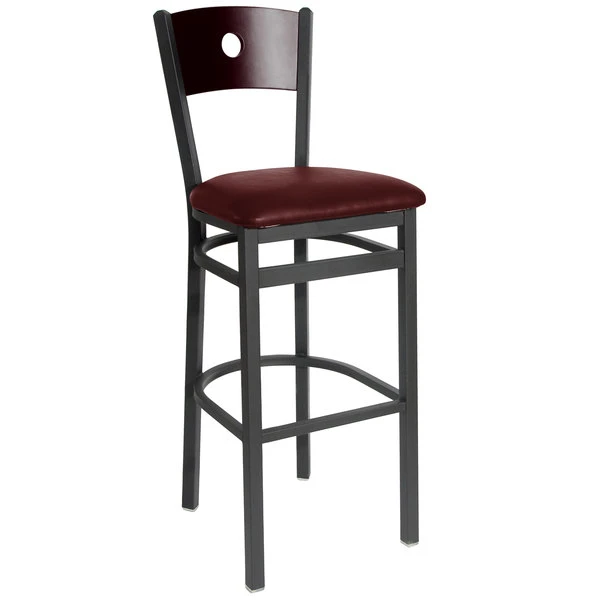BFM Seating Darby Sand Black Metal Bar Height Chair With Mahogany Wooden Back And 2" Burgundy Vinyl Seat 1 BFM Seating Darby Sand Black Metal Bar Height Chair With Mahogany Wooden Back And 2" Burgundy Vinyl Seat