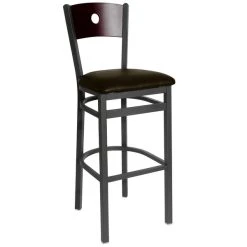 BFM Seating Darby Sand Black Metal Bar Height Chair With Mahogany Wooden Back And 2" Dark Brown Vinyl Seat