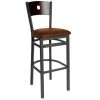 BFM Seating Darby Sand Black Metal Bar Height Chair With Mahogany Wooden Back And 2" Light Brown Vinyl Seat