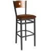 BFM Seating Darby Sand Black Metal Bar Height Chair With Cherry Wooden Back And 2" Light Brown Vinyl Seat