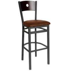 BFM Seating Darby Sand Black Metal Bar Height Chair With Walnut Wooden Back And 2" Light Brown Vinyl Seat