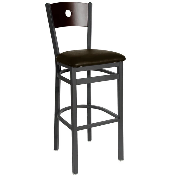BFM Seating Darby Sand Black Metal Bar Height Chair With Walnut Wooden Back And 2" Dark Brown Vinyl Seat 1 BFM Seating Darby Sand Black Metal Bar Height Chair With Walnut Wooden Back And 2" Dark Brown Vinyl Seat