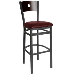 BFM Seating Darby Sand Black Metal Bar Height Chair With Walnut Wooden Back And 2" Burgundy Vinyl Seat