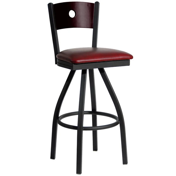BFM Seating Darby Sand Black Metal Bar Height Chair With Mahogany Wooden Back And 2" Burgundy Vinyl Swivel Seat 1 BFM Seating Darby Sand Black Metal Bar Height Chair With Mahogany Wooden Back And 2" Burgundy Vinyl Swivel Seat