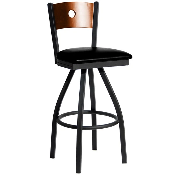 BFM Seating Darby Sand Black Metal Bar Height Chair With Cherry Wooden Back And 2" Black Vinyl Swivel Seat 1 BFM Seating Darby Sand Black Metal Bar Height Chair With Cherry Wooden Back And 2" Black Vinyl Swivel Seat
