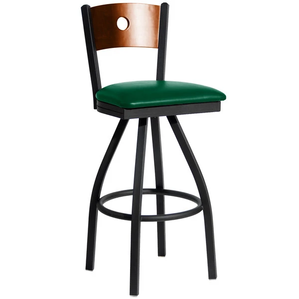 BFM Seating Darby Sand Black Metal Bar Height Chair With Cherry Wooden Back And 2" Green Vinyl Swivel Seat 1 BFM Seating Darby Sand Black Metal Bar Height Chair With Cherry Wooden Back And 2" Green Vinyl Swivel Seat