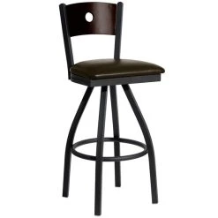 BFM Seating Darby Sand Black Metal Bar Height Chair With Walnut Wooden Back And 2" Dark Brown Vinyl Swivel Seat