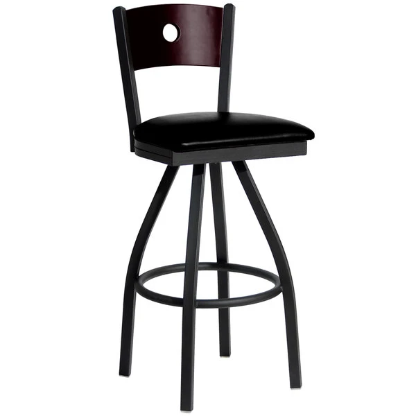 BFM Seating Darby Sand Black Metal Bar Height Chair With Mahogany Wooden Back And 2" Black Vinyl Swivel Seat 1 BFM Seating Darby Sand Black Metal Bar Height Chair With Mahogany Wooden Back And 2" Black Vinyl Swivel Seat