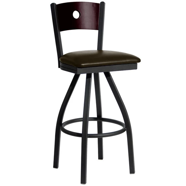 BFM Seating Darby Sand Black Metal Bar Height Chair With Mahogany Wooden Back And 2" Dark Brown Vinyl Swivel Seat 1 BFM Seating Darby Sand Black Metal Bar Height Chair With Mahogany Wooden Back And 2" Dark Brown Vinyl Swivel Seat