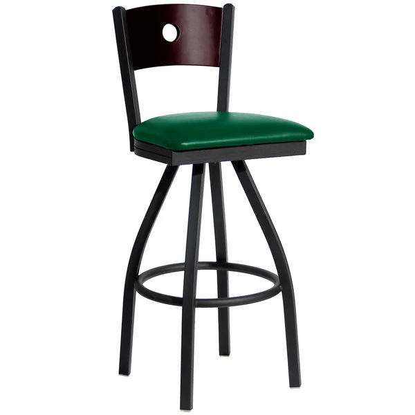 BFM Seating Darby Sand Black Metal Bar Height Chair With Mahogany Wooden Back And 2" Green Vinyl Swivel Seat 1 BFM Seating Darby Sand Black Metal Bar Height Chair With Mahogany Wooden Back And 2" Green Vinyl Swivel Seat