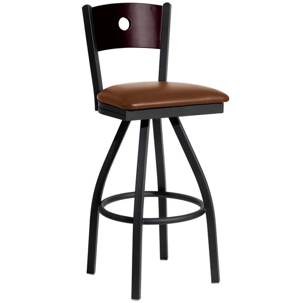 BFM Seating Darby Sand Black Metal Bar Height Chair With Mahogany Wooden Back And 2" Light Brown Vinyl Swivel Seat 1 BFM Seating Darby Sand Black Metal Bar Height Chair With Mahogany Wooden Back And 2" Light Brown Vinyl Swivel Seat
