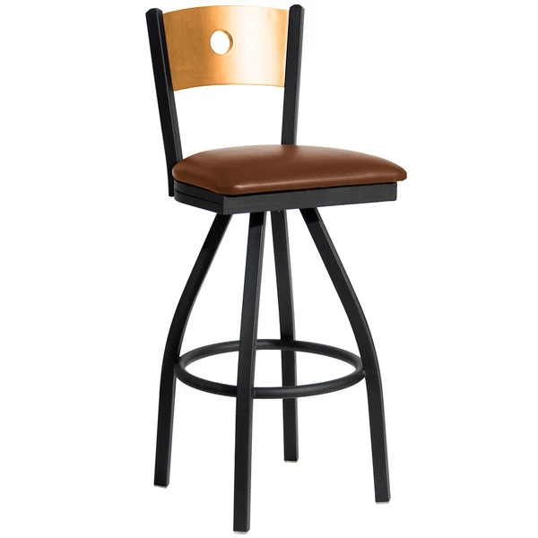 BFM Seating Darby Sand Black Metal Bar Height Chair With Natural Wooden Back And 2" Light Brown Vinyl Swivel Seat 1 BFM Seating Darby Sand Black Metal Bar Height Chair With Natural Wooden Back And 2" Light Brown Vinyl Swivel Seat