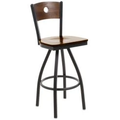 BFM Seating Darby Sand Black Metal Bar Height Chair With Walnut Wooden Back And Swivel Seat