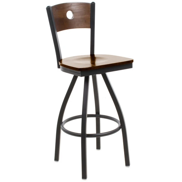 BFM Seating Darby Sand Black Metal Bar Height Chair With Walnut Wooden Back And Swivel Seat 1 BFM Seating Darby Sand Black Metal Bar Height Chair With Walnut Wooden Back And Swivel Seat
